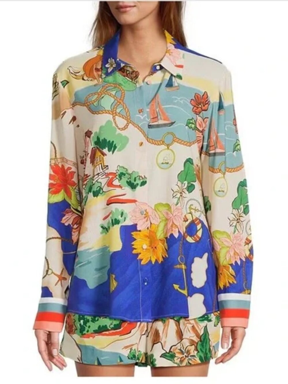 Antonio Melani Sz XS Polina Linen Blend Ocean Print Button Front Collar Blouse